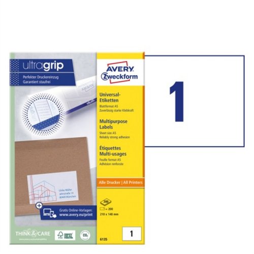 Monikäyttötarra Avery 6135 210 x 148 mm (A5) /200, hinta 66€