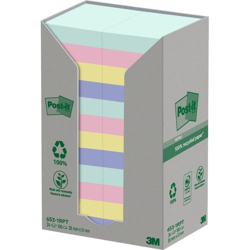 Muistilappu Post-it Recycled 38x51mm pastellivärit 24 kpl, hinta 24,59€