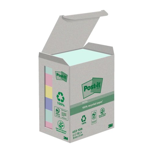 Muistilappu Post-it Recycled 38x51mm pastellivärit 6 kpl, hinta 6,21€