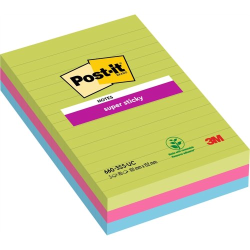 Muistilappu Post-it Super Sticky 101x152mm viivat ultra 3kpl, hinta 15,60€