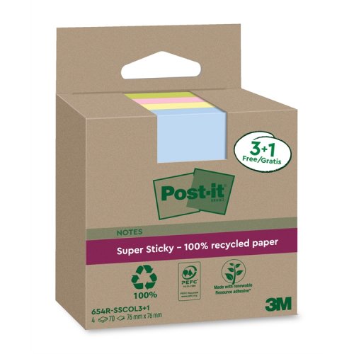 Muistilappu Post-it Super Sticky Eco 76x76mm värilaj 4 kpl, hinta 5,91€