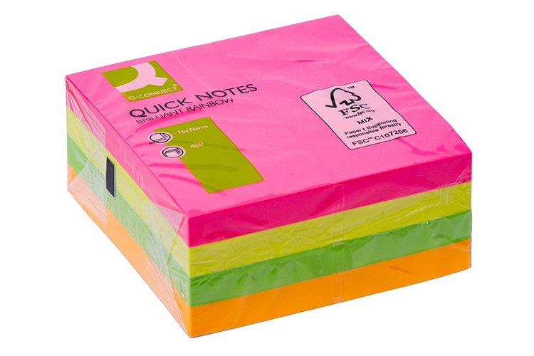 Muistilappukuutio Q-CONNECT 76x76mm FSC neonväri, hinta 1,88€