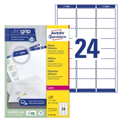 Osoitetarra laser Avery L7159-100 63,5 x 33,9 mm /2400, hinta 58,95€