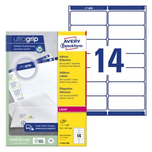 Osoitetarra laser Avery L7163-100 99,1 x 38,1 mm /1400, hinta 65,35€