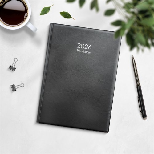 Päiväkirja 2026 Kalenteri musta muovikansi parikierresidottu, hinta 7,29€