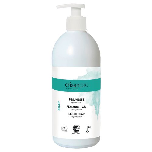 5213772 Pesuneste Erisan soap 500ml on hajusteeton, väritön ja tuoksuton tehokas mutta hellävarainen käsien ja koko vartaloon sopiva pesuaine. Riittoisa ja taloudellinen pesuaine ehkäisee ihon kuivumista.