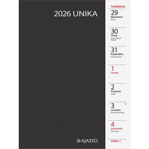 Pöytäkalenteri 2026 Ajasto unika musta 148 x 210mm, hinta 24,83€