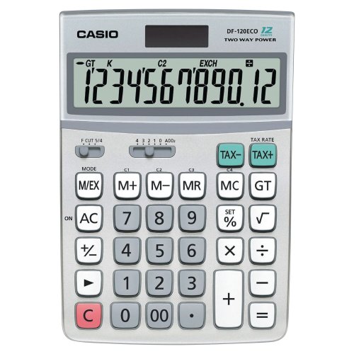 5390465 Pöytälaskin Casio DF-120 ECO on harmaa helppokäyttöinen laskin 12-numeroisella LCD-näytöllä. Pöytälaskimessa on katelaskenta, verolaskenta ja valuuttalaskenta. Toimitamme pöytälaskimen pikaisesti toimipaikallenne edulliseen hintaan.