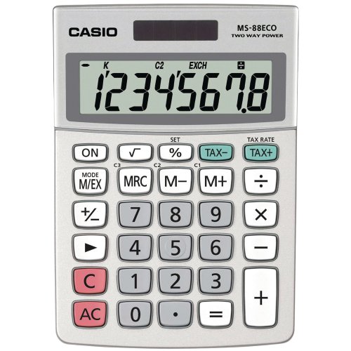 4561414 Pöytälaskin Casio MS-88 ECO on kestävä ja yksinkertainen harmaa laskin toimistoihin ja muuhun laskentaan. Pöytälaskimen suuri näyttö on 8-numeroinen. Pöytälaskimessa on seitsemän erikoistoimintoa ja kahden vuoden takuu.