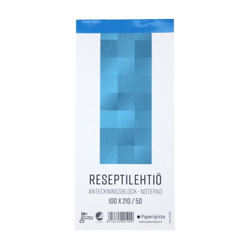 Reseptilehtiö Paperipiste 100 x 210 mm blanko 50 lehteä, hinta 1,43€