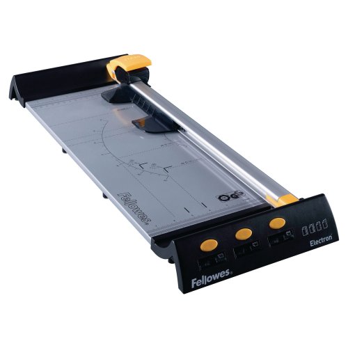 Paperileikkuri Fellowes Electron A3 on tyylikäs kevyt rullaleikkuri A3 toimistoon, hyvän paperileikkurin leikkauslinjalla on tarkka led-valo ja leikkuri sopii A3 kokoisille materiaaleille, edullinen paperileikkuri A3 rullaleikkuri toimistoon tarjous hinta
