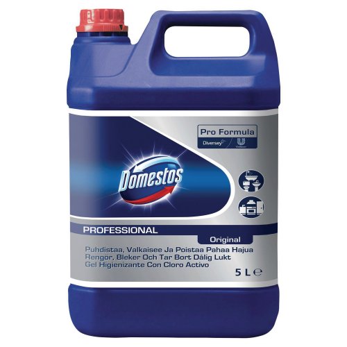 2520933 Puhdistusaine Domestos Professional 5L on laadukas saniteettitilojen puhdistukseen suunniteltu desinfioiva puhdistusaine. Voidaan käyttää myös jäteastioiden ja siivousvälineiden puhdistukseen.