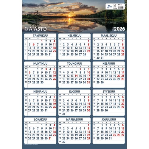 Seinäkalenteri 2022 Ajasto maxi 520 x 740 mm edullinen iso seinäkalenteri