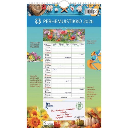 Seinäkalenteri 2026 Ajasto perhemuistikko 250 x 415mm, hinta 15,27€
