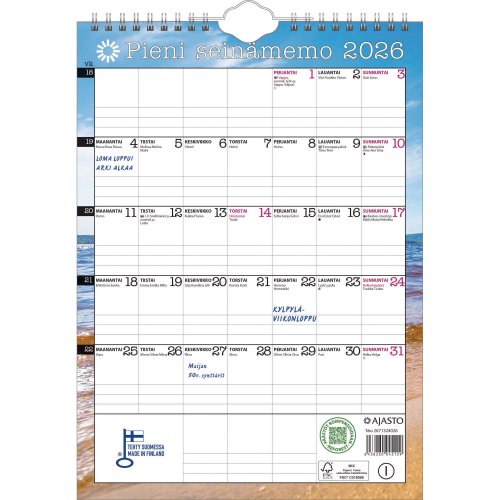 Seinäkalenteri 2026 Ajasto pieni seinämemo 210 x 290mm, hinta 18,92€