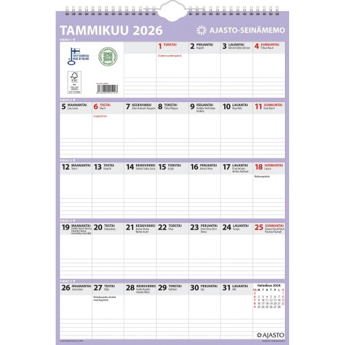 Seinäkalenteri 2026 Ajasto seinämemo 290 x 415 mm, hinta 24,55€