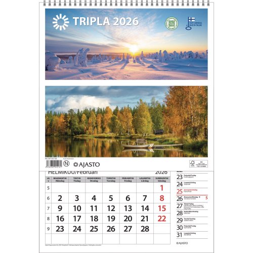 Seinäkalenteri 2026 Ajasto tripla 290 x 415mm, hinta 29,04€