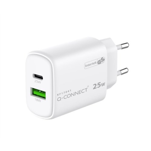 Seinälaturi Q-Connect 25W USB-A ja USB-C valkoinen, hinta 5,46€