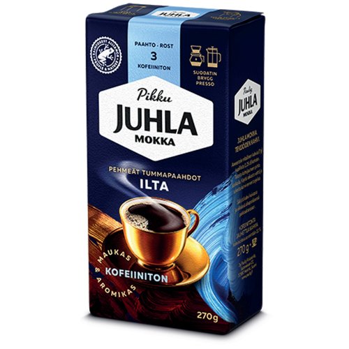 Juhla Mokka Kahvi ilta kofeiiniton suodatinjauhatus 270g, hinta 9,24€