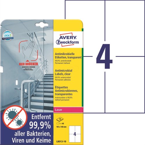 Tarra Antibakteerinen Avery L8013-10 105 x 148 mm kirkas /40, hinta 22,78€
