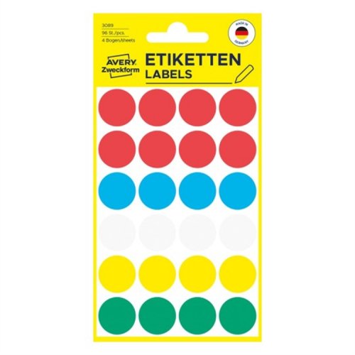 Tarra Avery 3089 ø 18 mm pyöreä värilajitelma /96, hinta 1,55€