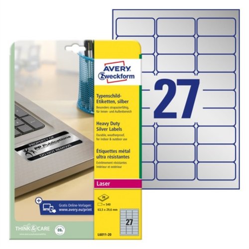 Tarra Kestävä Avery L6011-20 63,5 x 29,6 mm hopea /540, hinta 46,65€