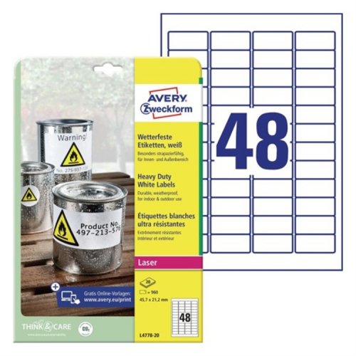 Tarra Säänkestävä Avery L4778-20 45,7 x 21,2 mm /960, hinta 46,65€