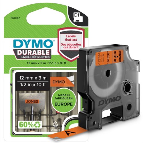 Tarrakasetti DYMO Durable D1 12 mm oranssi/musta, hinta 13,66€