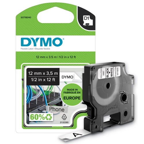 Tarrakasetti DYMO Nylon D1 12 mm valkoinen/musta, hinta 21,36€