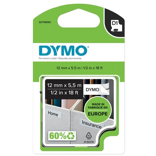 Tarrakasetti DYMO Polyesteri D1 12 mm valkoinen/musta, hinta 21,36€