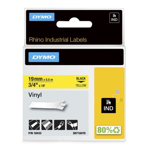 Tarrakasetti DYMO Rhino Vinyyli 18433 19 mm keltainen/musta, hinta 27,08€