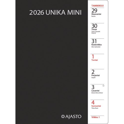 Taskukalenteri 2026 Ajasto unika mini musta 105 x 148mm, hinta 18,21€