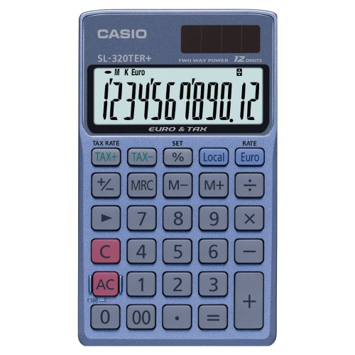 2816376 Taskulaskin Casio SL320TER+ on tyylikäs harmaa ja kestävä laskin toimistoihin. Taskulaskimen näytö on 12 numeroinen ja siinä on mm. valuuttalaskenta, verolaskenta ja katelaskenta. Taskulaskimessa on kahden vuoden takuu.