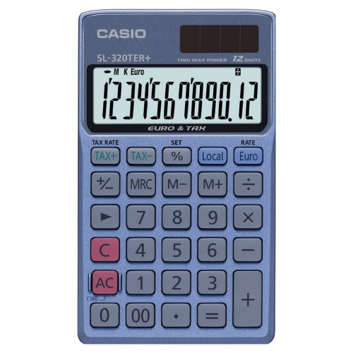 2816376 Taskulaskin Casio SL320TER+ on tyylikäs harmaa ja kestävä laskin toimistoihin. Taskulaskimen näytö on 12 numeroinen ja siinä on mm. valuuttalaskenta, verolaskenta ja katelaskenta. Taskulaskimessa on kahden vuoden takuu.