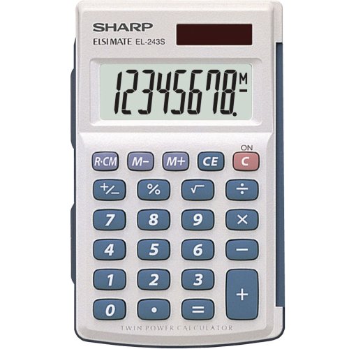 Taskulaskin Sharp EL243S on vaaleanharmaa taskulaskin toimistoihin, taskulaskimen näyttö on 8 numeroinen Sharp taskulaskimen paino on 51 grammaa ja mitat 64x105x11mm hyviä taskulaskimia edulliseen hintaan