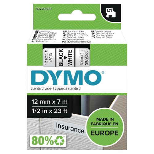 Dymo D1 teippi 12 mm musta valkoinen edulliseen hintaan yrityksille, nyt Dymo D1 teipit tarjous toimistoon ja työpaikalle, Dymon teippien laajasta valikoimasta monenlaisia Dymo D1 teippi 12 mm teippikirjoittimeen, halpa hinta nopea toimitus Dymo D1 teipit