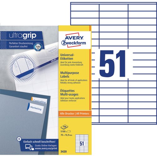 Tulostustarra Avery 3420 70 x 16,9mm 51-osainen 5100kpl, hinta 39,39€