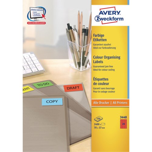 Tulostustarra Avery 3448 70 x 37mm 24-osainen punainen 2400kpl, hinta 60,43€