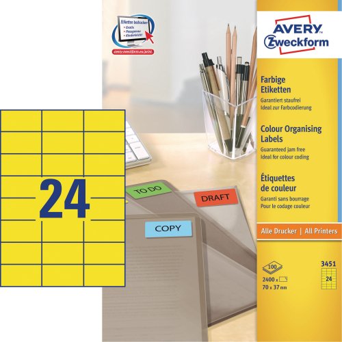 Tulostustarra Avery 3451 70 x 37mm 24-osainen keltainen 2400kpl, hinta 59,16€