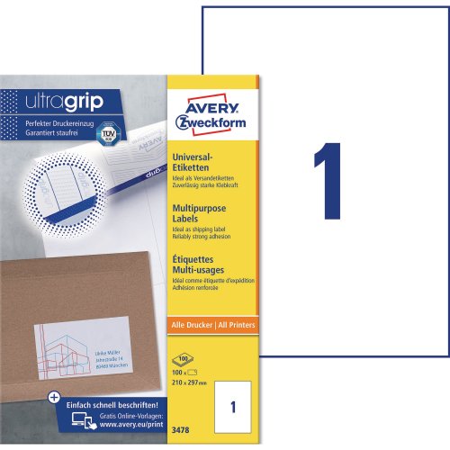 Tulostustarra Avery 3478 210 x 297mm 1-osainen 100kpl, hinta 37,74€