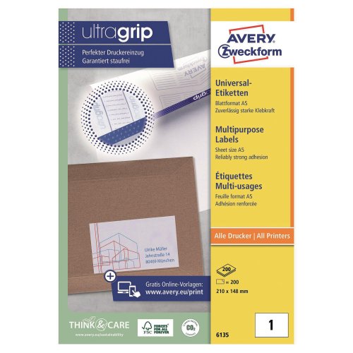 Tulostustarra Avery 6135 a5 148 x 210mm 1-osainen 200kpl, hinta 35,73€