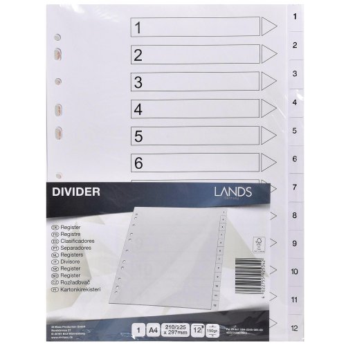 Välilehti 1-12 a4 kartonki valkoinen, hinta 1,60€