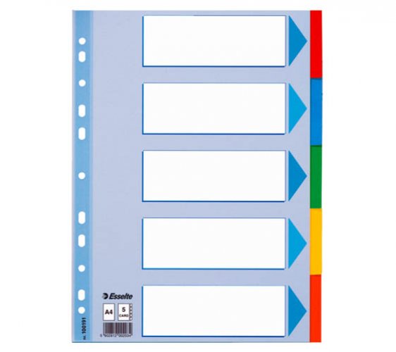 Välilehti Esselte A4 kartonki 5-osainen värillinen, hinta 1€