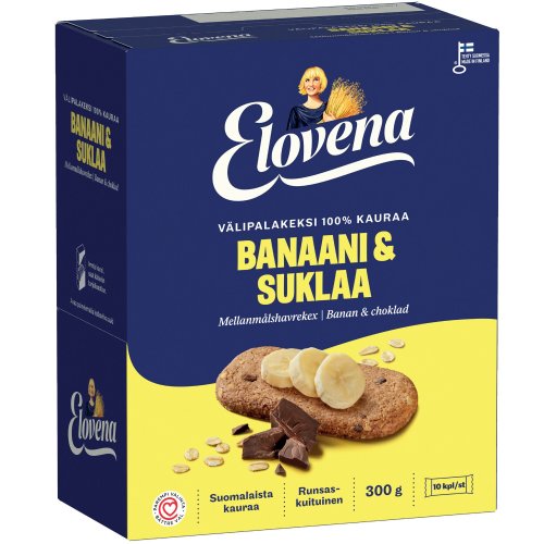 Välipalakeksi Elovena banaani-suklaa 30g 10kpl, hinta 4,83€