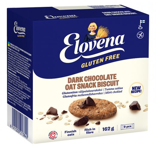 Välipalakeksi Tumma Suklaa Elovena gluteeniton 9 x 18 g, hinta 5,14€