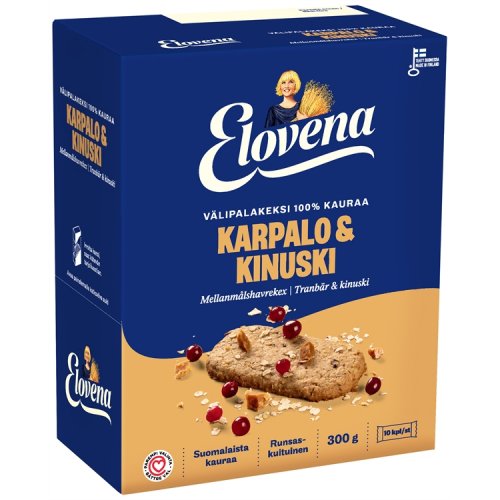 Välipalakeksi Elovena Karpalo & Kinuski 10 x 30 g, hinta 8,66€