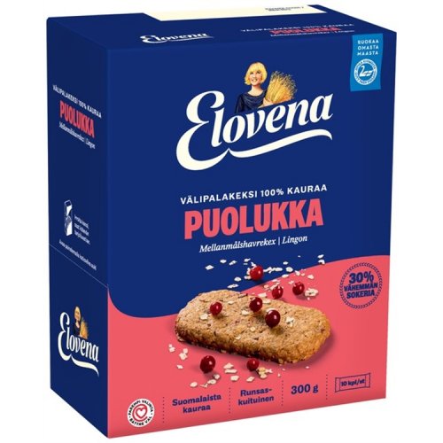 Välipalakeksi Elovena kaura-puolukka 10 x 30 g, hinta 9,29€