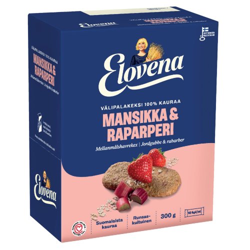 Välipalakeksi Elovena mansikka-raparperi 30g 10kpl, hinta 6,17€