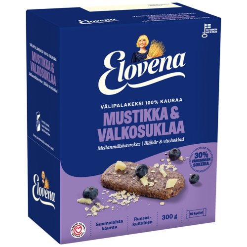 Välipalakeksi Elovena Mustikka & Valkosuklaa 10 x 30 g, hinta 5,91€