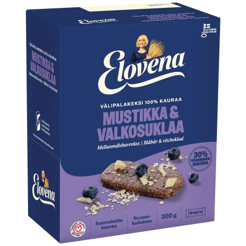 Välipalakeksi Elovena mustikka-valkosuklaa 30g 10kpl, hinta 5,52€